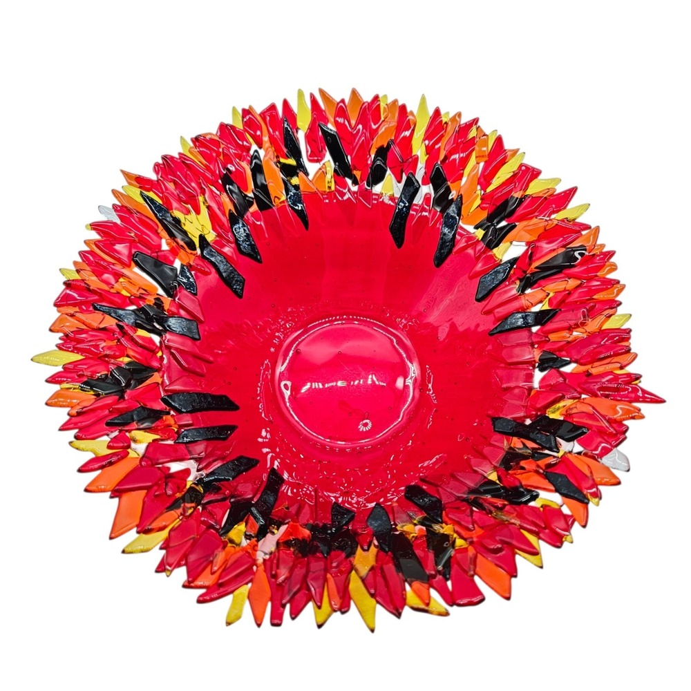Hand Blown Art Glass Fused Spikey Rim Bowl Fire Sunburst Red Orange Black Unique